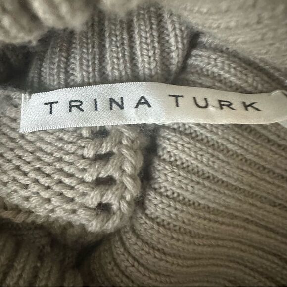 Trina Turk 100% Merino Wool Size Med Cozy Taupe Turtleneck S/S Chunky Sweater - Picture 11 of 12